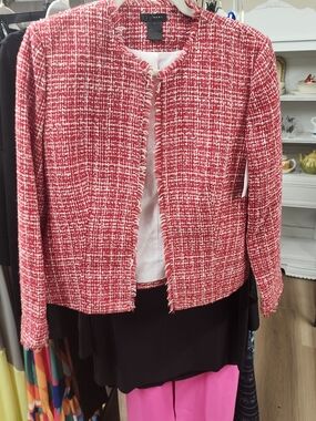 WDNY Red and White Tweed Fringe-Trim Open Jacket